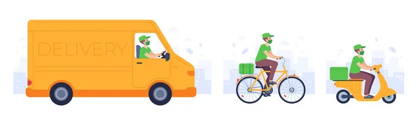 Food delivery transport. Courier in mask deliver goods drive truck, bike and motorcycle. Covid safe shipping service to home, vector concept — Vector de stock