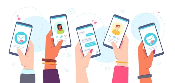 Mobile incontri app. Mani in possesso di telefoni con data online applicazione, chat, corrispondenza profili e mail. Concetto di vettore di relazione virtuale — Vettoriale Stock