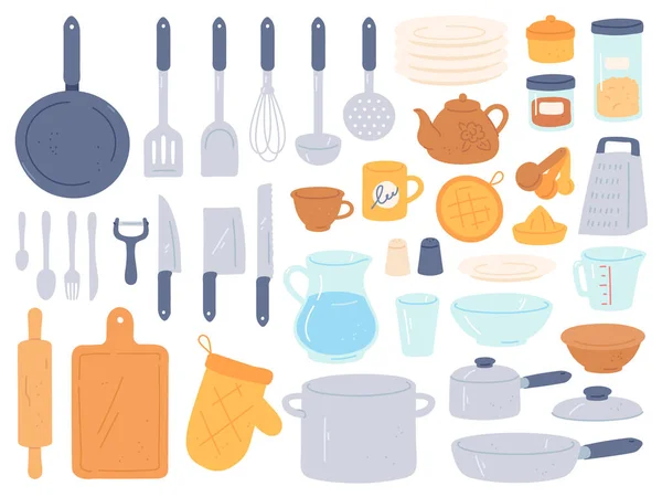 Louça e utensílios de cozinha. Cozinhar ferramentas de cozinha. Chef cozinhar equipamentos pan, tigela, chaleira e panela, facas e talheres, conjunto vetorial plana —  Vetores de Stock