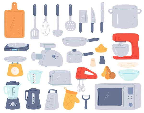 Кухонные инструменты. Кухонная утварь и электроприборы для выпечки духовки, смесителя, весы, мясорубки. Домашняя посуда в минималистском стиле — стоковый вектор