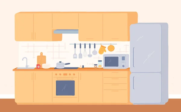 Інтер'єр кухні. Меблі для приготування їжі з плити, духовки, шафи, раковини та холодильника. Сучасна кухня з побутовою технікою та посудом, векторна кімната — стоковий вектор