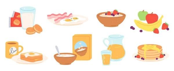 Breakfast meal. Morning lunch drink and food healthy fruit, eggs and bacon, bread, porridge, cereal and milk, pancakes. Luncheon vector set — Vector de stock