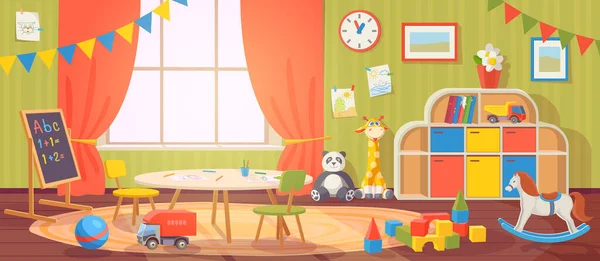 Kindergarten interior. Daycare nursery with furniture and kid toys. Preschool child room for playing, activity and learning, vector cartoon — Vector de stock