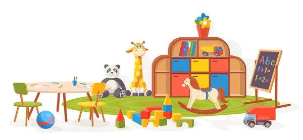 Playing room. Kindergarten classroom furniture with toys, carpet, table and chalkboard. Cartoon kids preschool interior vector illustration — Stockvektor