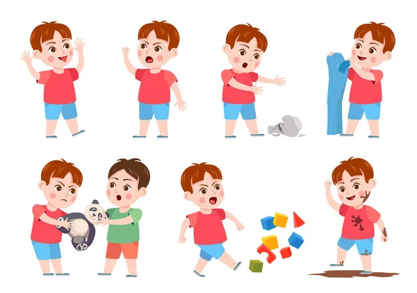 Kids bad behavior. Bully making mess, scream, angry, rips clothes and break vase. Naughty boy fighting over a toy. Problem child vector set — Stockvektor