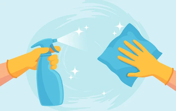 Surface de nettoyage. Les mains dans les gants nettoyer avec de la pulvérisation et essuyer. Assainir la maison contre le virus et les bactéries. Concept de vecteur de prévention du coronavirus — Image vectorielle