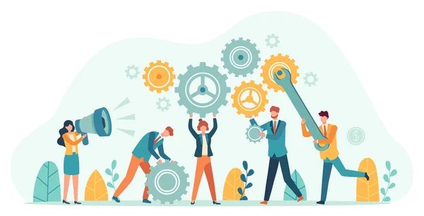 Zakenmensen met tandwielen. Medewerker team maken mechanisme met radertjes, manager met megafoon. Tiny person teamwork motivatie vector concept — Stockvector