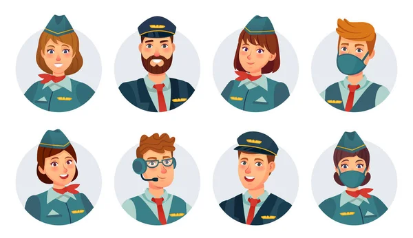 Air crew avatars. Airline pilot, ship captain, stewardess, flying attendant and flight engineer round icon. Airport staff in mask vector set — Vector de stock