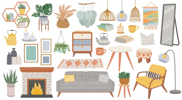 İskandinav mobilyası. Oturma odası için rahat bir ev mobilyası. Hygge tarzı bitkiler, lamba, koltuk, yastık ve kanepe. Boho iç vektör kümesi — Stok Vektör