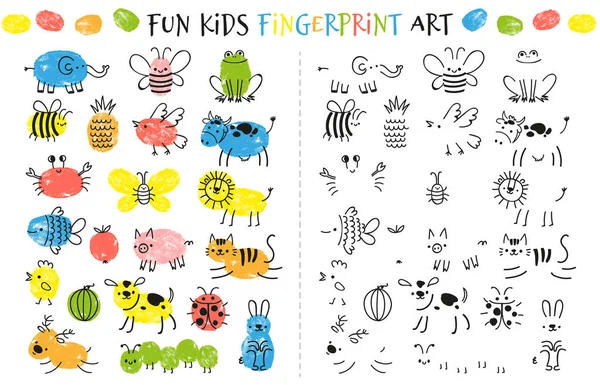 Fingerprint game for kids. Fun educational activity for children study to paint with fingers. Doodle animals and insects drawing vector set — Archivo Imágenes Vectoriales