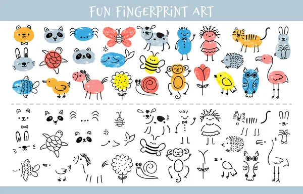 Paint with finger prints. Kids fingerprint learning art game and quiz worksheet with characters. Education drawing for children vector sheet — Archivo Imágenes Vectoriales