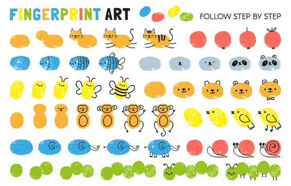 Fingerprint art steps. Worksheet for kid learning to draw animals. Paint with finger print kindergarten activity. Game for child vector page — Archivo Imágenes Vectoriales