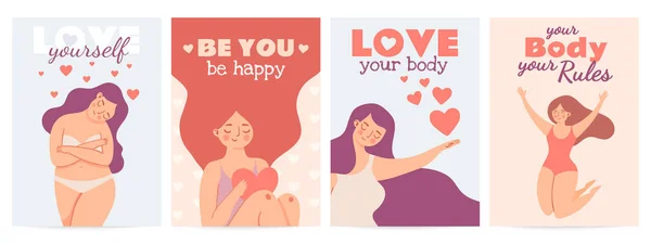 Body positive posters. Love yourself prints with happy woman with self esteem, heart and motivation quote. Women or valentine day vector set — Archivo Imágenes Vectoriales