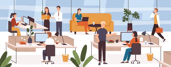 Busy people in office. Company modern workplace interior with employees sitting tables and computers. Scene with work process vector concept — Archivo Imágenes Vectoriales