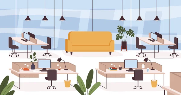 Office interior. Empty work place, room with furniture tables, chairs and couch. Modern company cabinet or coworking center vector concept — Archivo Imágenes Vectoriales