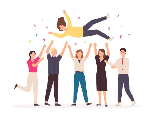 Team throwing person in air. Celebrate win and business success congratulation. Friends toss up woman at party with confetti vector concept — Stockvektor