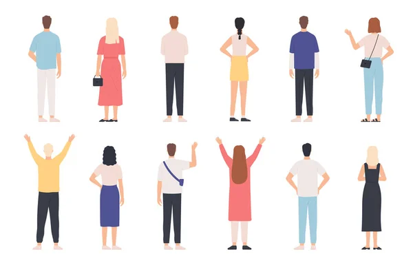 People from behind. Adult man and woman back view standing poses. Happy person with hands up and waving. Rear human in clothes vector set — Vector de stock