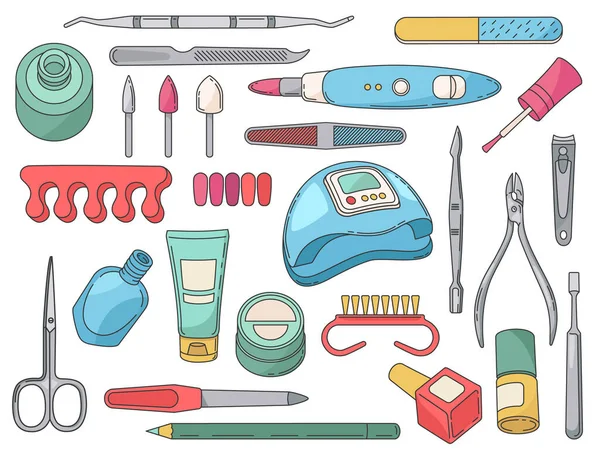 Manicure tools. Salon accessories and equipment for nails care. Polish bottle and brush, hand cream, file, scissors and clippers vector set — Archivo Imágenes Vectoriales