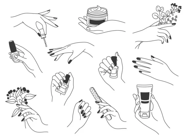 Manicure e cura delle mani. Loghi femminili per cosmetici per unghie e salone di bellezza spa. Mani vernice, lima unghie, tenuta smalto e crema, set vettoriale — Vettoriale Stock