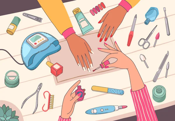 Salão de manicure. Manicure clientes pintura unhas na mesa com ferramentas de unhas e cosméticos. Mãos femininas cuidado beleza serviço vetor conceito —  Vetores de Stock