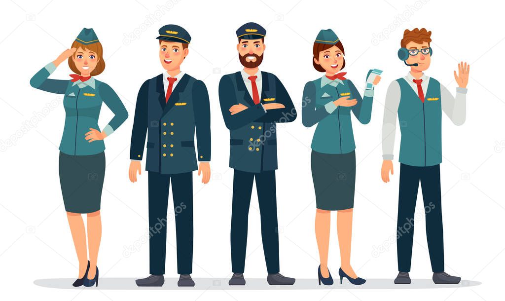 Aircraft staff. Air crew in uniforms pilots, stewardesses and flight attendant. Group of airport employee. Airline personnel vector concept