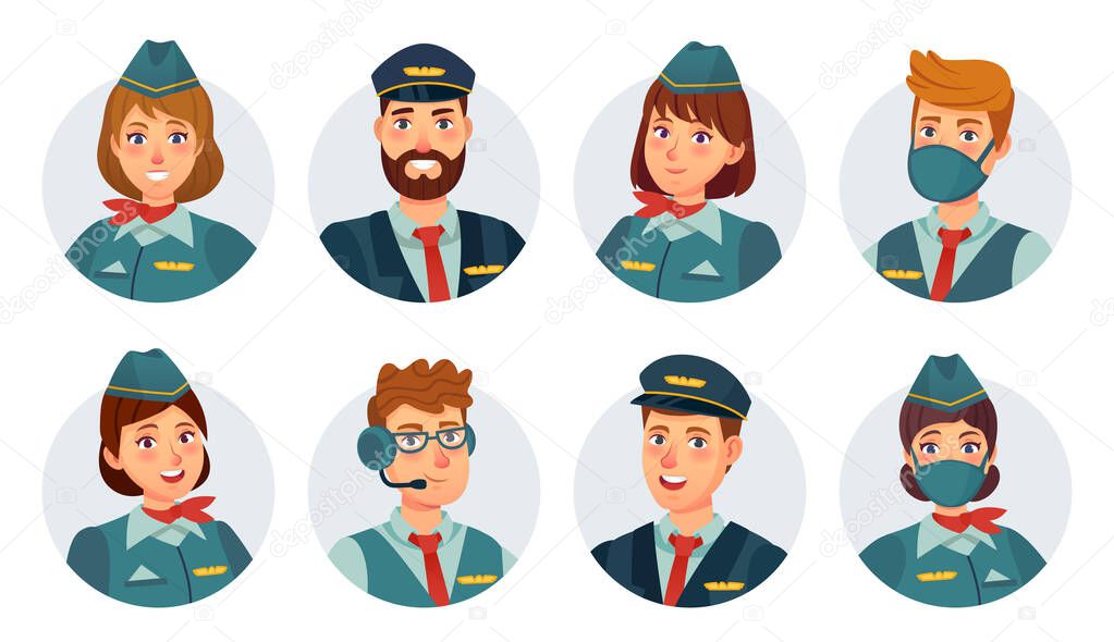 Air crew avatars. Airline pilot, ship captain, stewardess, flying attendant and flight engineer round icon. Airport staff in mask vector set