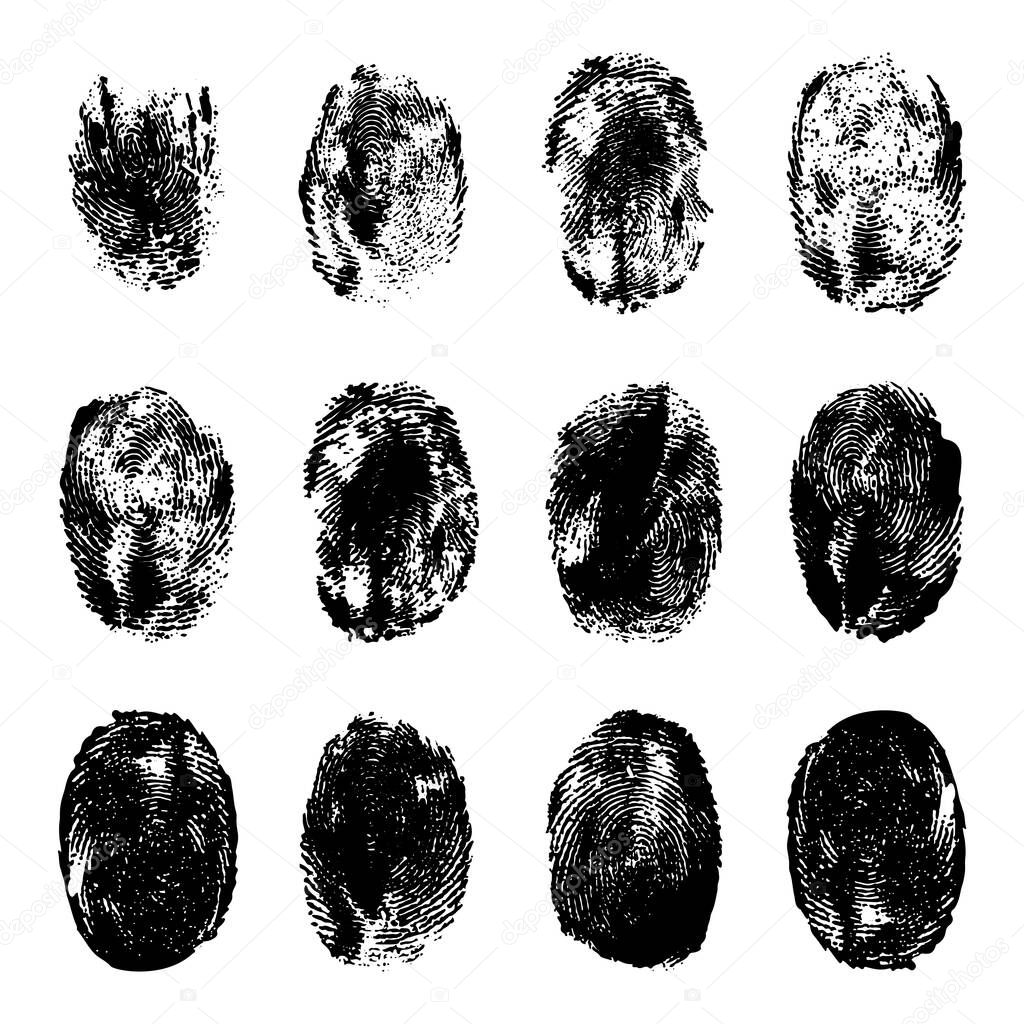Finger prints. Human realistic black ink fingerprints. Grunge hand mark texture. Identification individual imprint thumb lines vector set