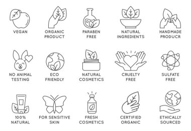 Organic cosmetics icon. Eco friendly cruelty free line badges for beauty products and vegan food. No animal tested, natural icons vector set clipart