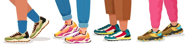 Pés de ténis. Pernas femininas e masculinas em sapatos esportivos com meias, calças e jeans. Moda moda fitness calçado vetor conceito —  Vetores de Stock