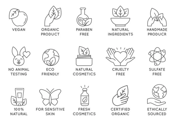 Icône cosmétique biologique. Badges de ligne sans cruauté écologique pour les produits de beauté et les aliments végétaliens. Aucun animal testé, jeu de vecteurs icônes naturelles — Image vectorielle