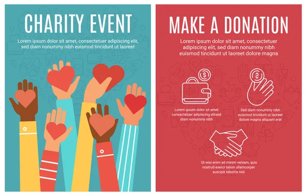 Charity event flyer. Donation and volunteering poster. Hands donate hearts and line icon elements. Community help brochure vector concept — Vector de stock