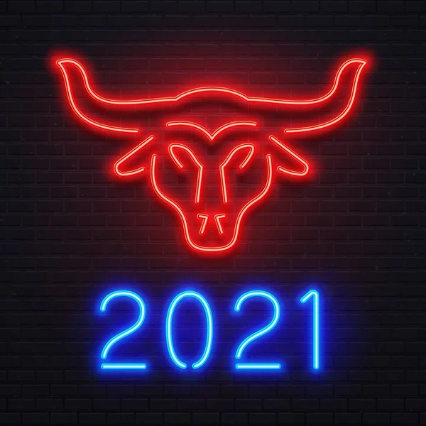 Neon red ox untuk kartu ucapan Tahun Baru 2021. Bright blue letters 2021 sign, bar or cafe signboard, light banner - Stok Vektor