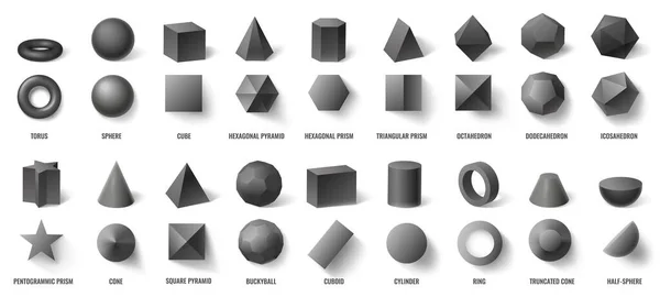Realistic black basic geometric 3d shapes in top and front view isolated on white. Three dimensional objects — Vector de stock
