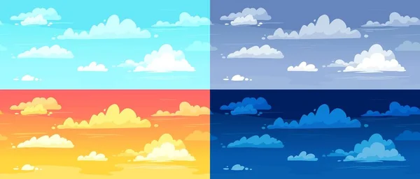 Rajzfilm felhős ég különböző részein a nap háttér illusztráció készlet. Reggel, este és éjszaka táj — Stock Vector