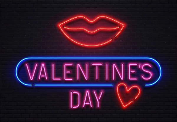 Glowing neon sign valentines day lettering with red big lips and heart for holiday. Shining signboard Royalty Free Stock Illustrations