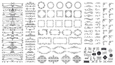 Klasik kaligrafik elementler. Dekoratif çerçeveler, gösterişli bölmeler, sınırlar. Güzel girdaplar, dekore edilmiş lavabolar.