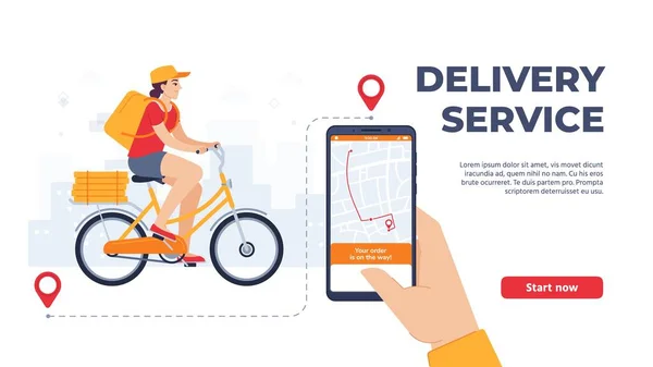 Приложение службы доставки. Женщина на велосипеде с мобильным приложением для еды. Онлайн-сервис, курьер на велосипеде — стоковый вектор
