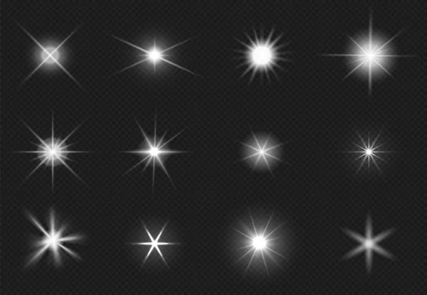 Flares and sparkling stars effect. White light burst, shiny glare. Magic starburst, realistic glow set — Vector de stock