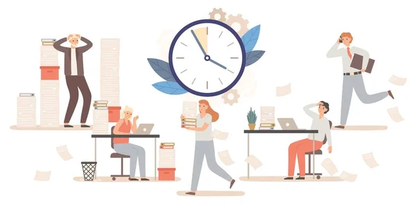 Kontorsarbetare och affärsmän som arbetar för att hålla tidsfristen. Manliga och kvinnliga kollegor i stressig miljö — Stock vektor