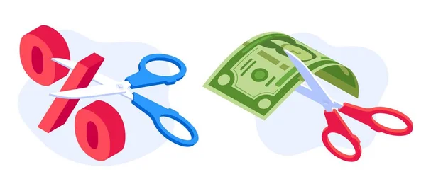 Rate cut concept. Scissors cutting dollar banknote and percentage. Economic crisis, money banking nominal recession — Vector de stock