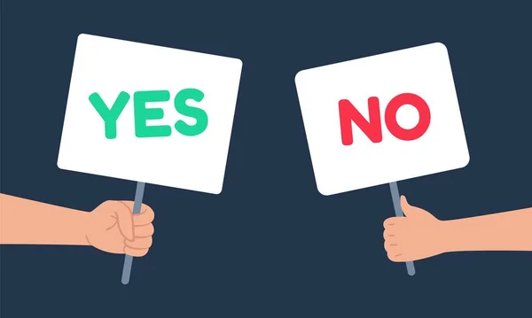Yes and no signs banner in human hand. People having choice, hesitate to answer, dispute, opposition — Archivo Imágenes Vectoriales