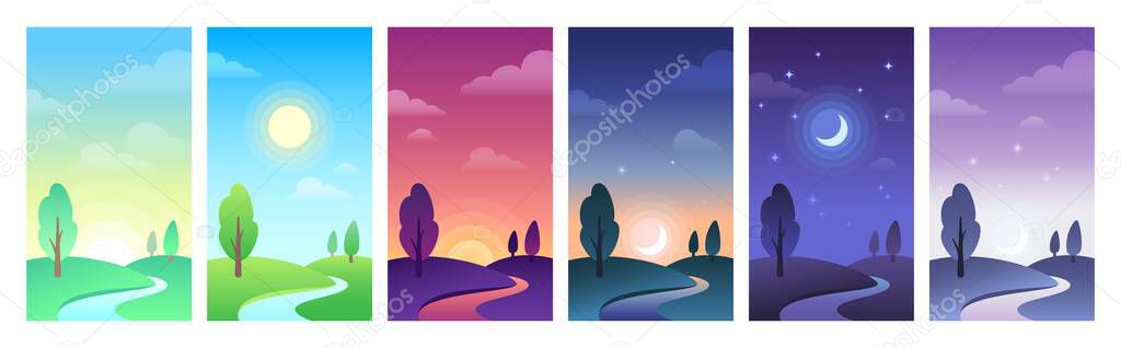 Countryside landscape in parts of day time. Sky and field daytime circle as sunrise, noon, sunset and night