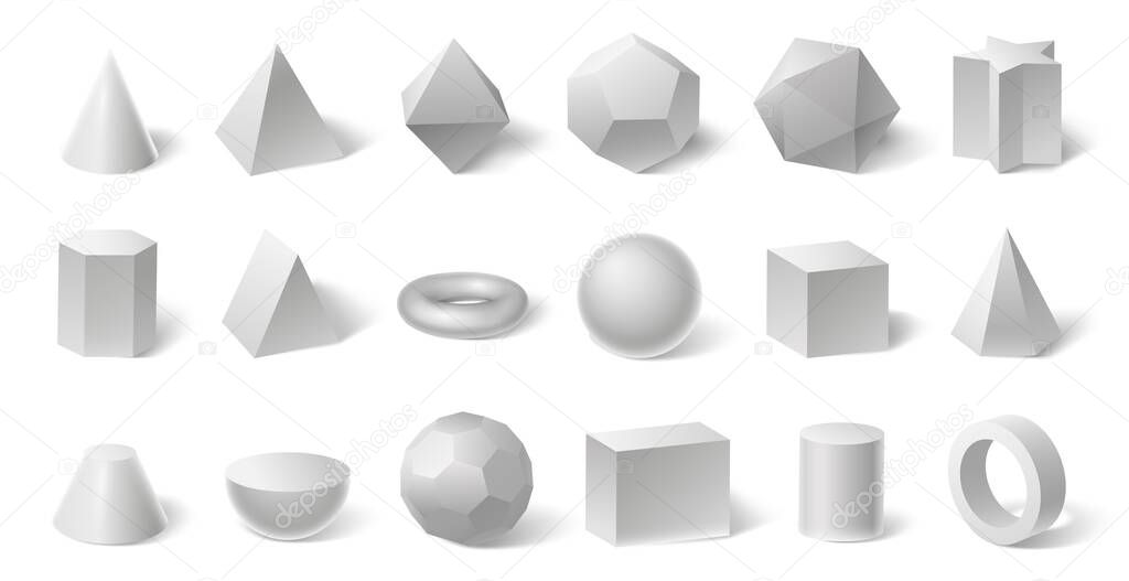 White geometric 3d shapes. Geometry form for education. Hexagonal and triangular prism, cylinder and cone
