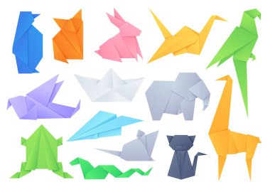 Origami hayvanları. Geometrik katlanmış şekiller Japon oyun kâğıdı teknesi ve uçağı, vinç, kuşlar, kedi, fil ve tavşan için. Hobi vektör kümesi oluşturuluyor
