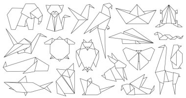 Origami hattı hayvanları. Kağıt geometrik grafik logo ve ikon kuş, tilki, turna, fare, köpekbalığı ve fil. Özet hayvan vektörü kümesi