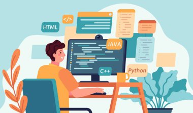 Programcı çalışıyor. Bilgisayarda program ya da web geliştirici kodlaması. Şifreli, senaryolu ve pencereli bir ekran. Kodlayıcı mühendisi vektör kavramı