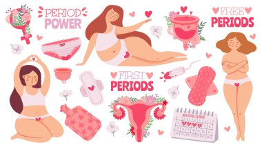 Kadın regl dönemi. Adet gören kadınlar, hijyen ürünleri tampon, hijyenik pedler ve regl kupası. Çiçekli karikatür rahim, vektör seti