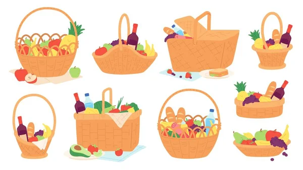 Cestas de picnic. Cestas de mimbre con comida y botella de vino en manta para la comida al aire libre. Canasta de regalo de dibujos animados con frutas y aperitivos vector conjunto — Vector de stock