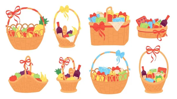 Gift basket. Wicker baskets with present boxes for christmas, food, fruit, chocolate and vine bottle. Flat hamper with bow ribbon vector set — Stock Vector