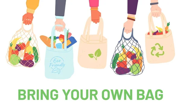 Handen vasthouden eco tassen. Mensen brengen hun eigen tas mee voor boodschappen. Herbruikbare plastic vrije verpakking met voedsel. Nul afvalproducten voor winkelvector concept — Stockvector